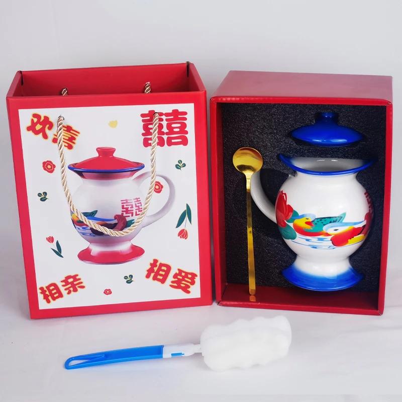 Mug Ceramic Spittoon Shape Water Cup Animal Printing in-Glaze Decoration Retro Funny Personalized Custom Red Blue Chinese Style