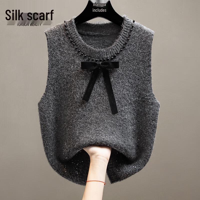 Women s Fashion Round Neck Bowknot Knitted Vest One Size