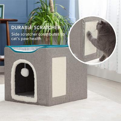 Foldable Large Cat Cave for Pet Cat House with Fluffy Ball Hanging and Scratch Pad and Leisure Calming Pet Bed for Indoor Cats