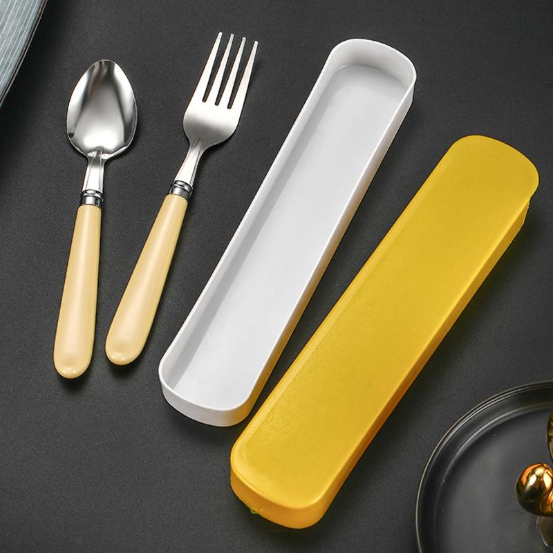 2Pcs/Set Portable Spoon Fork Combination Travel Tableware Set Stainless Steel Dinnerware With Box For Kid School Cutlery