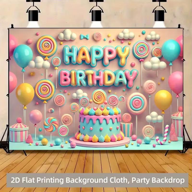 

2D Sweet Cake Candy Happy Birthday Backdrop for Baby Shower Party Supplies 47.2x31.5inch/120*80cm