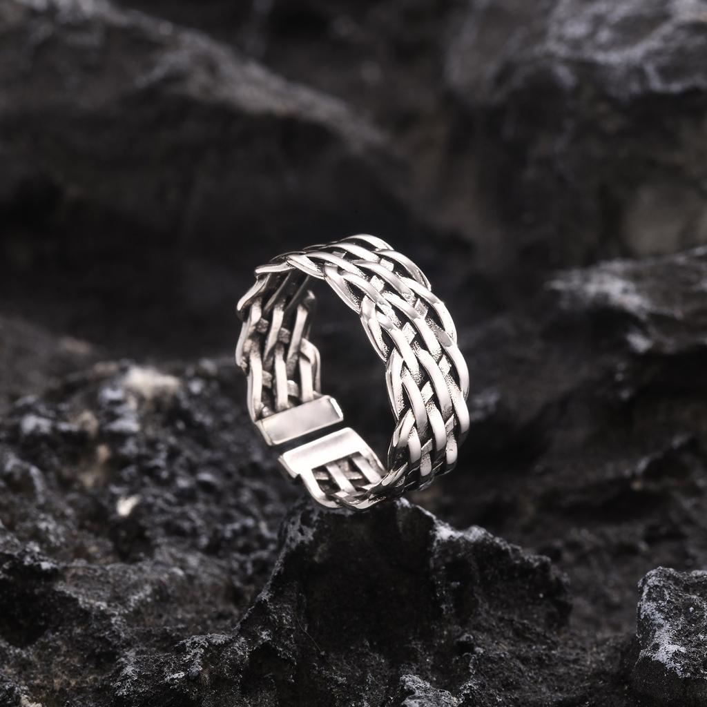 Chunky Woven Rings for Men Boys,Classic Thick Braided Metal Band Ring,Adjustable Anniversary Birthday Jewelry Gift