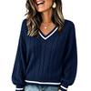 Women's V-Neck Cable Knit Sweater Loose Fit Color Block Long Sleeve Pullover Top