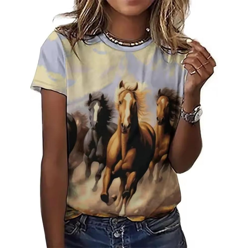 Women's Summer Elegant Fashion T-shirt Women's Popular Casual Comfortable Elegant Steed 3D Printed Short Sleeve Top