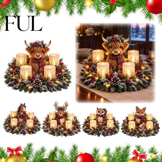 Christmas Party Supplies Lighted Highland Cow Table Centerpiece, Resin Flickering LED Flameless Candles, Frosted Pinecone Displays Pine Red