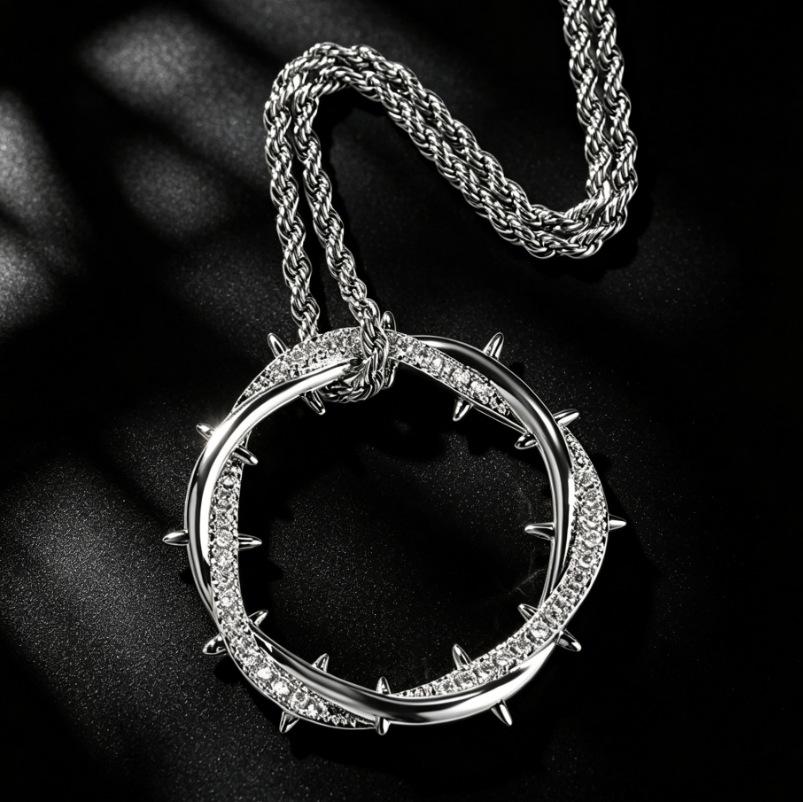 European and American Hip Hop Thorn Double Ring Pendant Copper Set Zircon Men's Personalized Trendy Brand Full Diamond Necklace