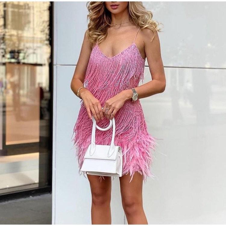 2026 Multicolor Sequin Tassel V-Neck Spaghetti Strap Feather Party Dress