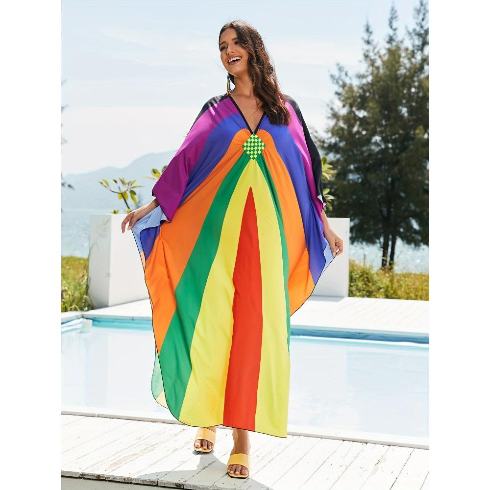 Women's Boho Cover Up, Plus Size Rainbow Colorful Braided Detail V Neck Batwing Sleeve Maxi Beach Kaftan Dress