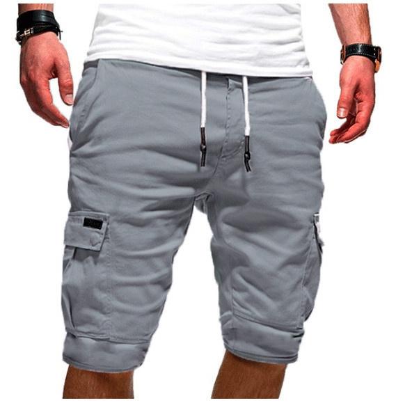 Herren Shorts Casual Einfarbig Elastische Taille Kordelzug Multi Pocket Design Outdoor Mittelhose Gerade Hose