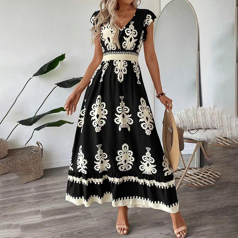 Abito Maxi da Donna Scollo a V Stampa Floreale Vita Legata Manica Corta Casual Estivo Elegante