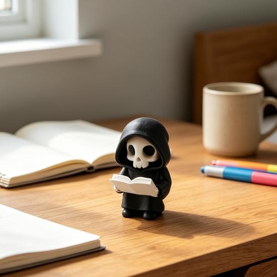 Durable 3D Print Skull Dark Style Halloween Ornament, Mini Printed Hooded Black And White Decor Compact Exquisite Details Sculpture, for Desk