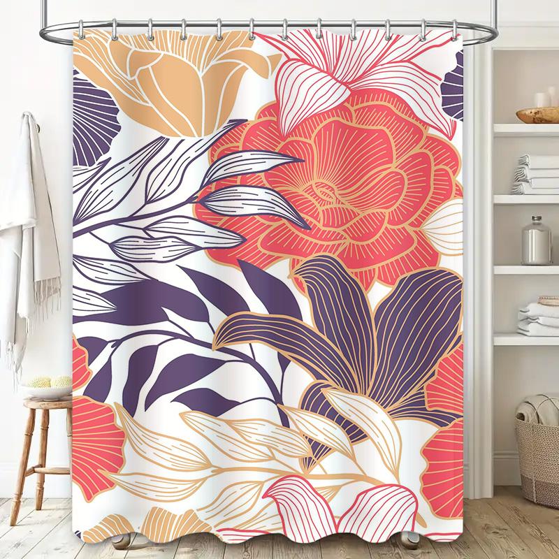 Modern Shower Curtain with Floral Print Waterproof Fabric Bath Room Decor Item Pink Purple Yellow Orange White Colorful Pattern