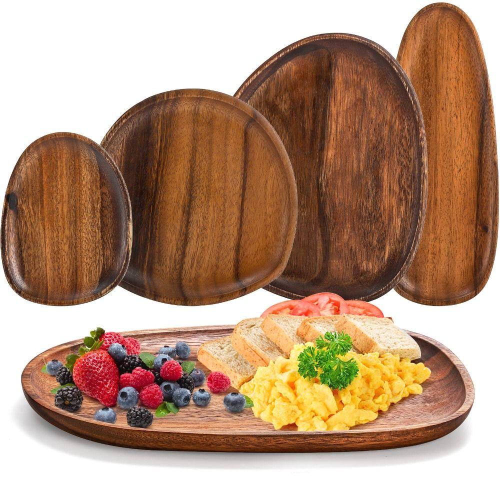 Insulated Design Acacia Wood Serving Platter Elliptical Lightweight Irregular Oval Dinner Plates Handcrafted Solid Wood Pattern