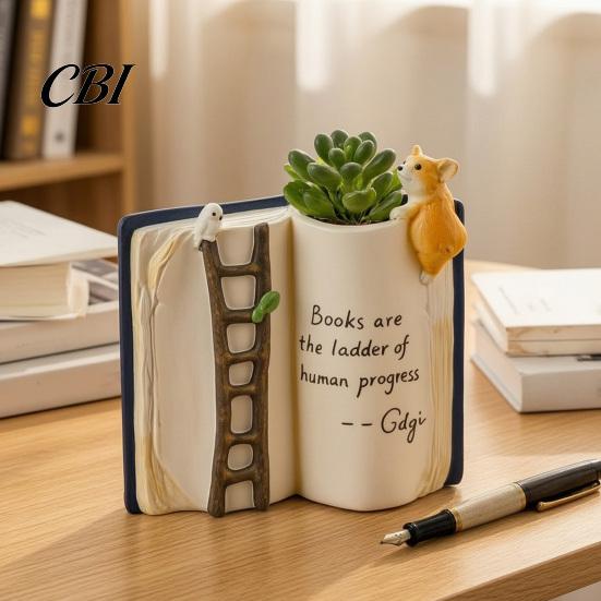 Decorative Vase for Desk Book Shaped Flower Pot, Creative Planter with Ladder Puppy And Bird Design Cute Animal Relief Pot Succulents & Small Plants,