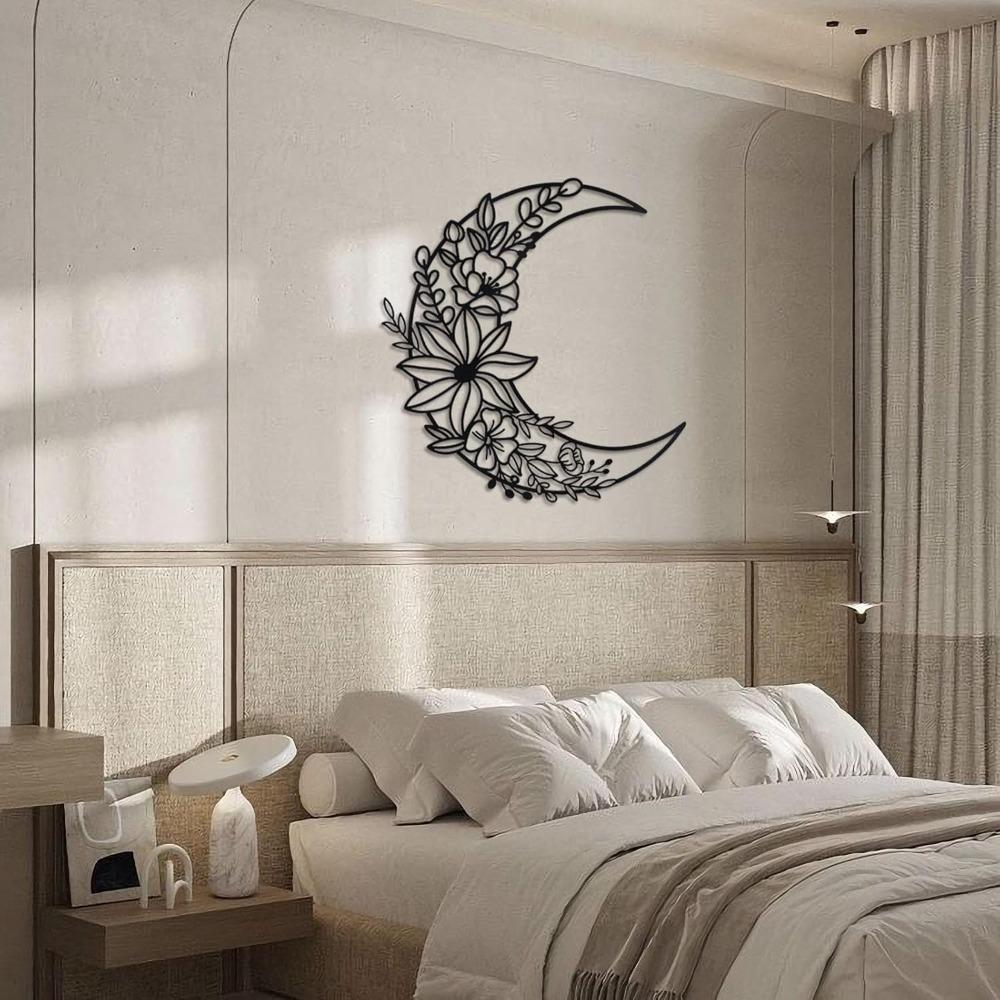 Wrought Iron Moon Wall Art, Boho Metal Floral Decor Home Hanging Ornament