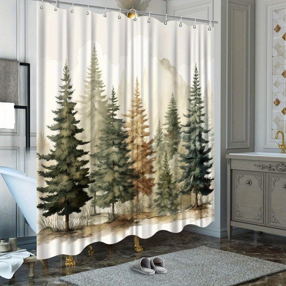 Serene Forest Shower Curtain – Tranquil Pine Trees & Misty Landscape, Nature-Inspired Art, Polyester, Includes Hooks