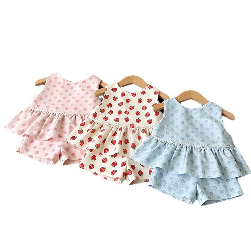 Girls Summer Strawberry Polka Dot Cami Top And Shorts Set Cute Baby Two Piece Outfit Casual Kids Clothing