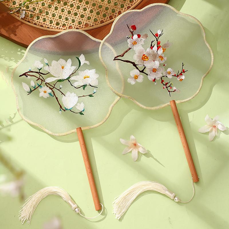 China Fan  Semi-Transparent Long Handle Tassel Dance Fan Female Costume Hanfu Cheongsam Embroidery Small Round Fan