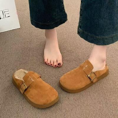 Boucle de ceinture pour femme Fond souple Grande taille Épaissi Hiver Chaud Fourrure Doublure matelassée Bottines Antidérapant Baotou Coton Demi-pantoufles