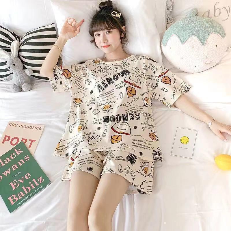 GMXIA Cute Panda Pajamas for Women In Summer, Short Sleeves and Shorts, Large-sized and Thin Summer Casual Home Wear Set