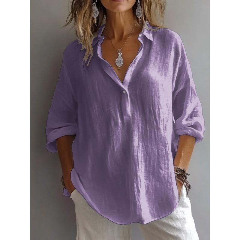 Spring and Summer New Style Solid Color Comfortable Loose Large-Sized V-Neck Long-Sleeve Women's Shirt