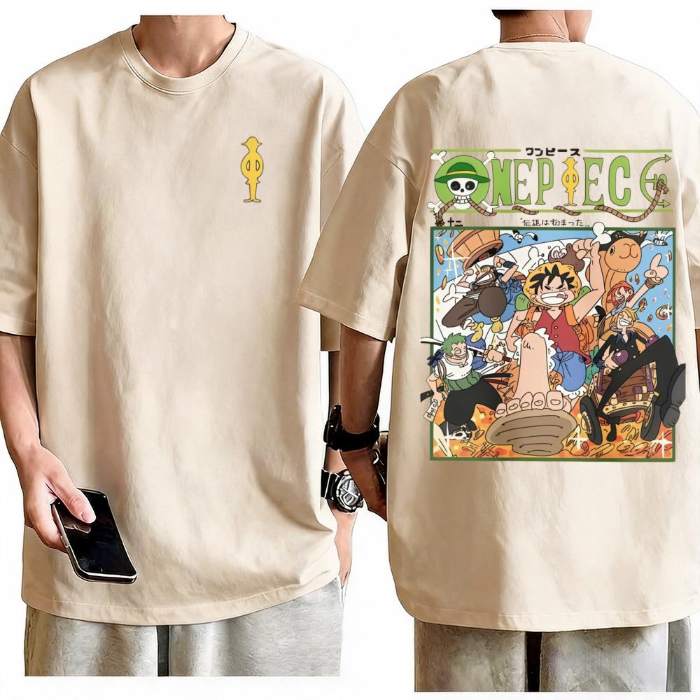 One Piece Straw Hat Pirates TShirt Retro Anime Graphic Print Crew Neck Pure Cotton High Street Fashion Tops For Men Women