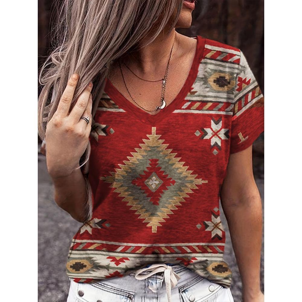 Ladies retro ethnic style geometric pattern printed short sleeved T-shirt for summer casual V-neck women s T-shirt XL