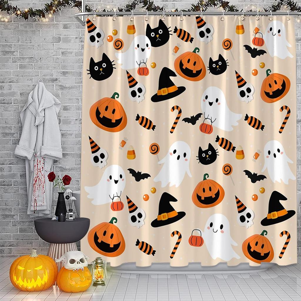 Halloween Shower Curtain Cute Ghost Pumpkins Cartoon Spooky Skull Gothic Fabric Decorative Bathroom Curtains with Hooks,Teal