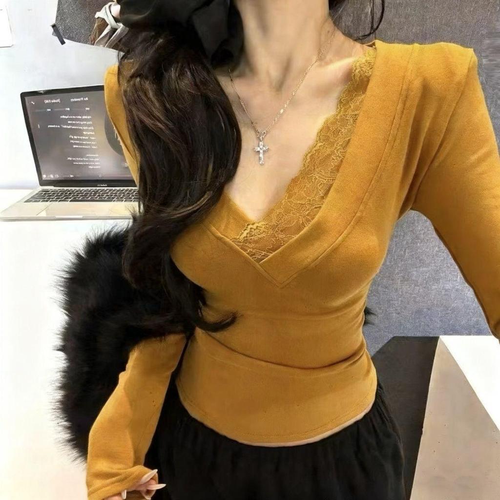 Chic Lace Patchwork V-Neck Slimming Long Sleeve Shirt - New Autumn/Winter Style