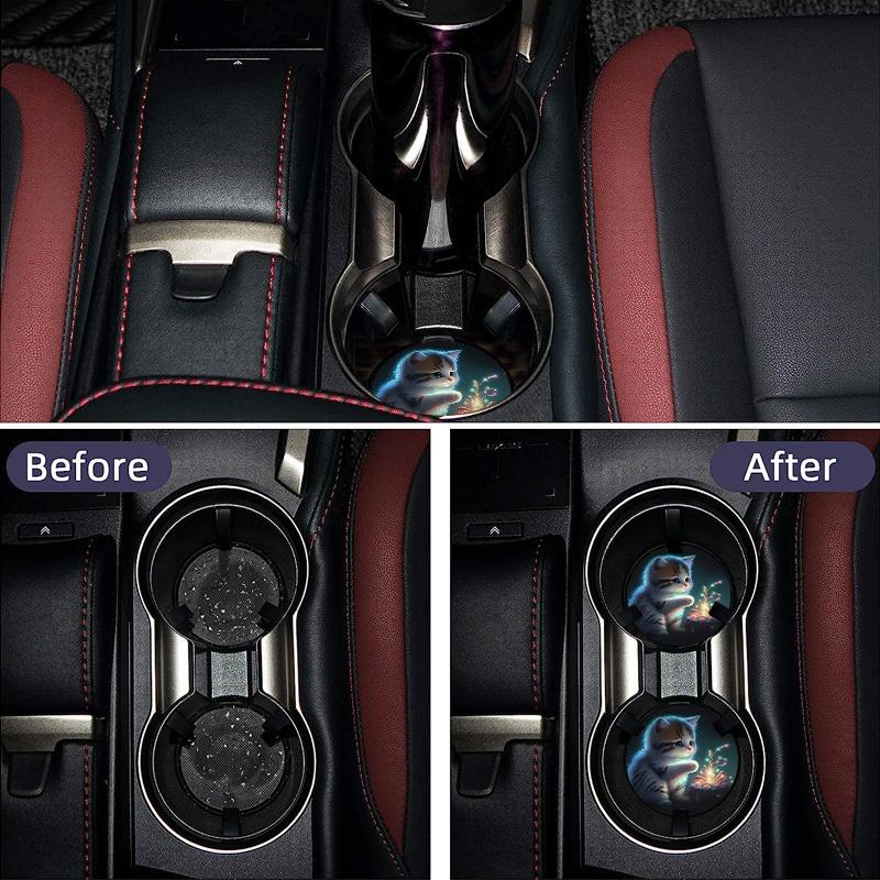 2PCS Car Personalized Creative Anti Slip Water Cup Mat Car Cartoon Printed Cat Hand Cup Mat Circular Anti Slip Mat Universal