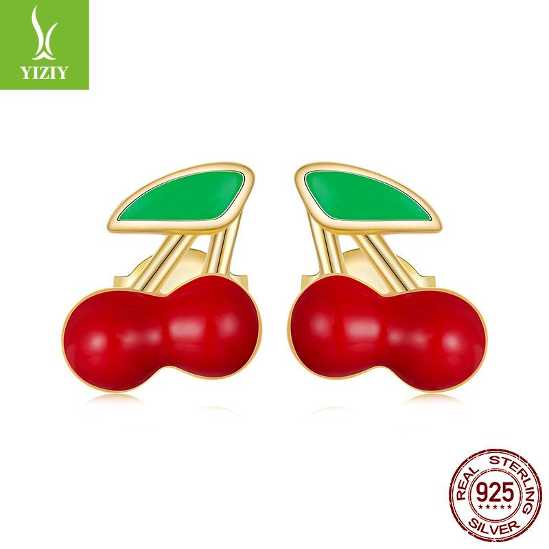 Red Cherry Stud Earrings Female Sweet Girl Heart S925 Sterling Silver Stud Earrings