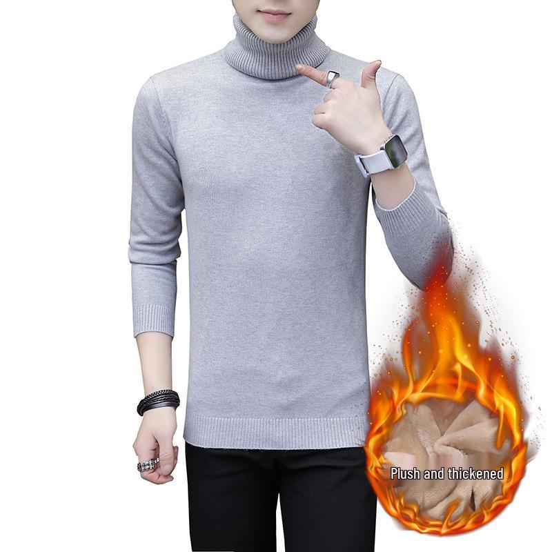Men's Solid Color High Neck Thickened Knit Sweater - Cozy Autumn/Winter Base Layer