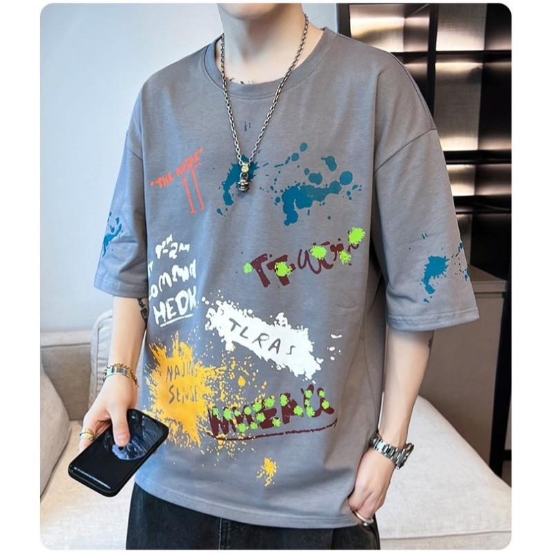 Camiseta de Verano para Hombre Streetwear Manga Corta Holgada Estampada Estudiante Casual Top Media Manga Cuello Redondo Camiseta de Marca