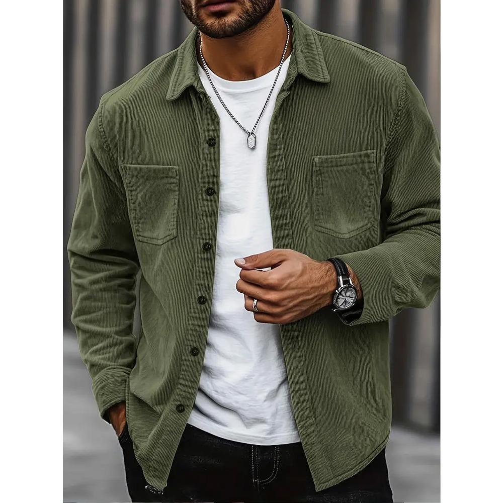 Men Corduroy Shirt Long Sleeve Plaid Solid Color Wrinkle Free Business Casual Slim Fit Top