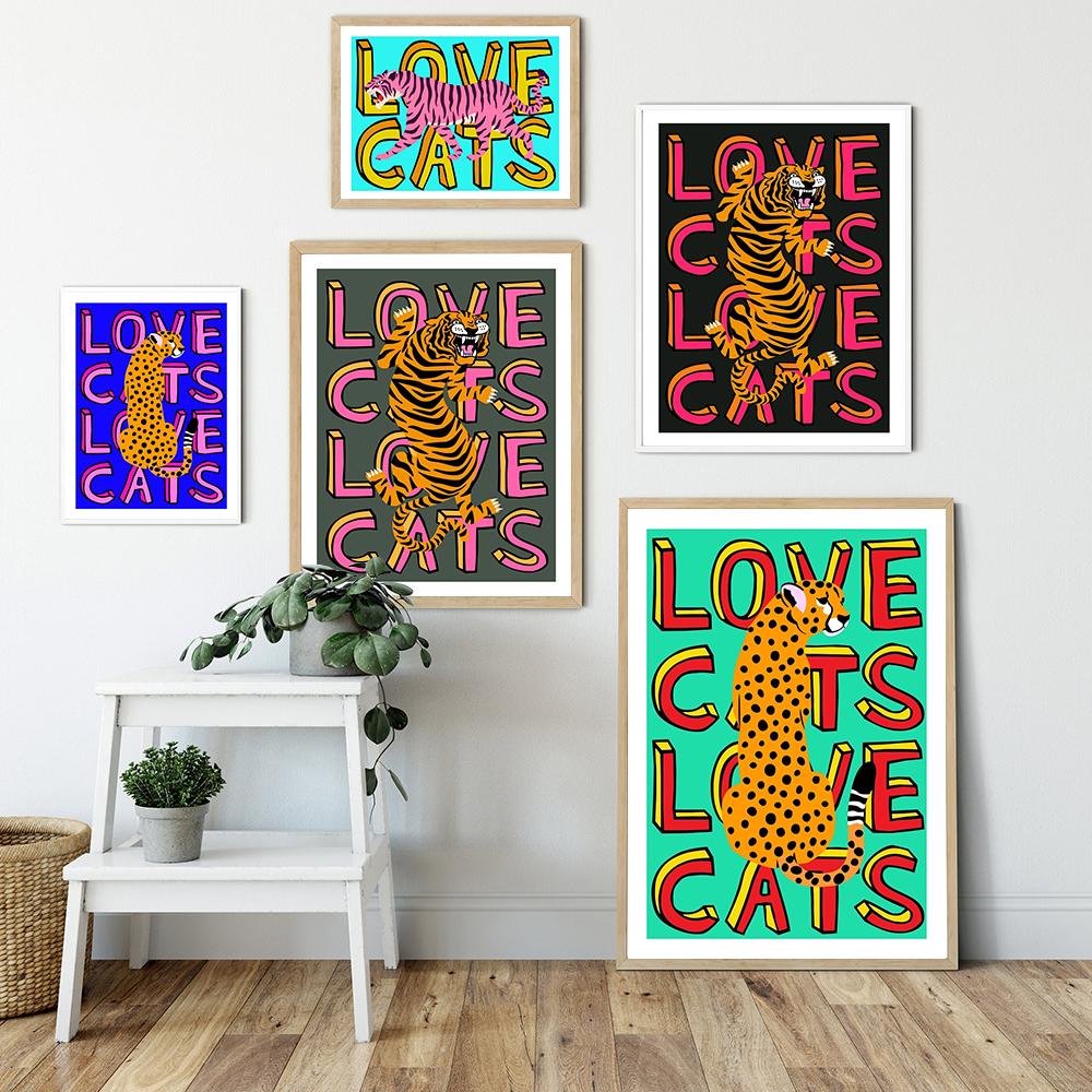 Liebe Katzen Tiger Leopard Porträt Blau Kunstdruck Cartoon Kinderzimmer Wand Poster Zitat Bunte Coole Leinwand Malerei Wohnkultur