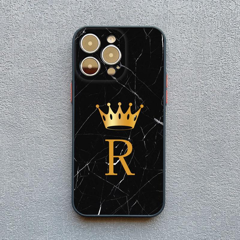 Crown Letter A To Z Phone Case For Iphone 16 13 14 15 Pro Max 11 12 8 7 Plus SE20 X XR XS Marble Pattern Black Shockproof Cover