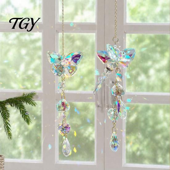 Boho Style Room Hanging Decorations Butterfly & Dragonfly Crystal Suncatcher, Colorful Rainbow Maker Prism Reflective Garden Art Decor Ornament, Wind
