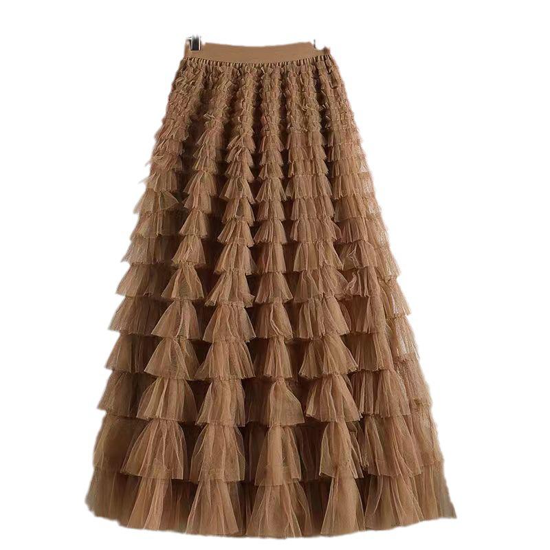 Women's Mesh Ruffle Midi Skirt - New Style Socialite Slimming Cake Skirt