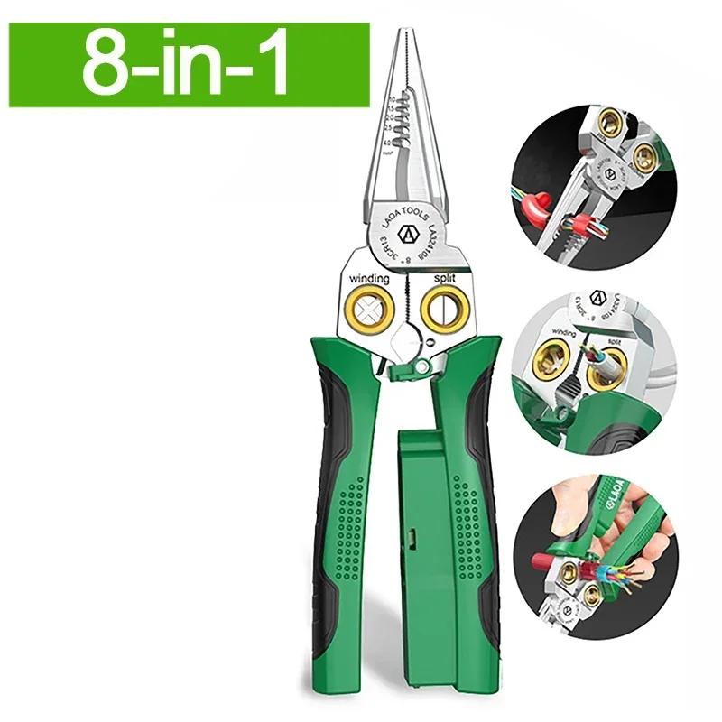 8 in 1 Stainless Steel Wire Stripping Needle Nose Pliers Non-slip Multi-function Wire Stripper with Electricity Tester Function
