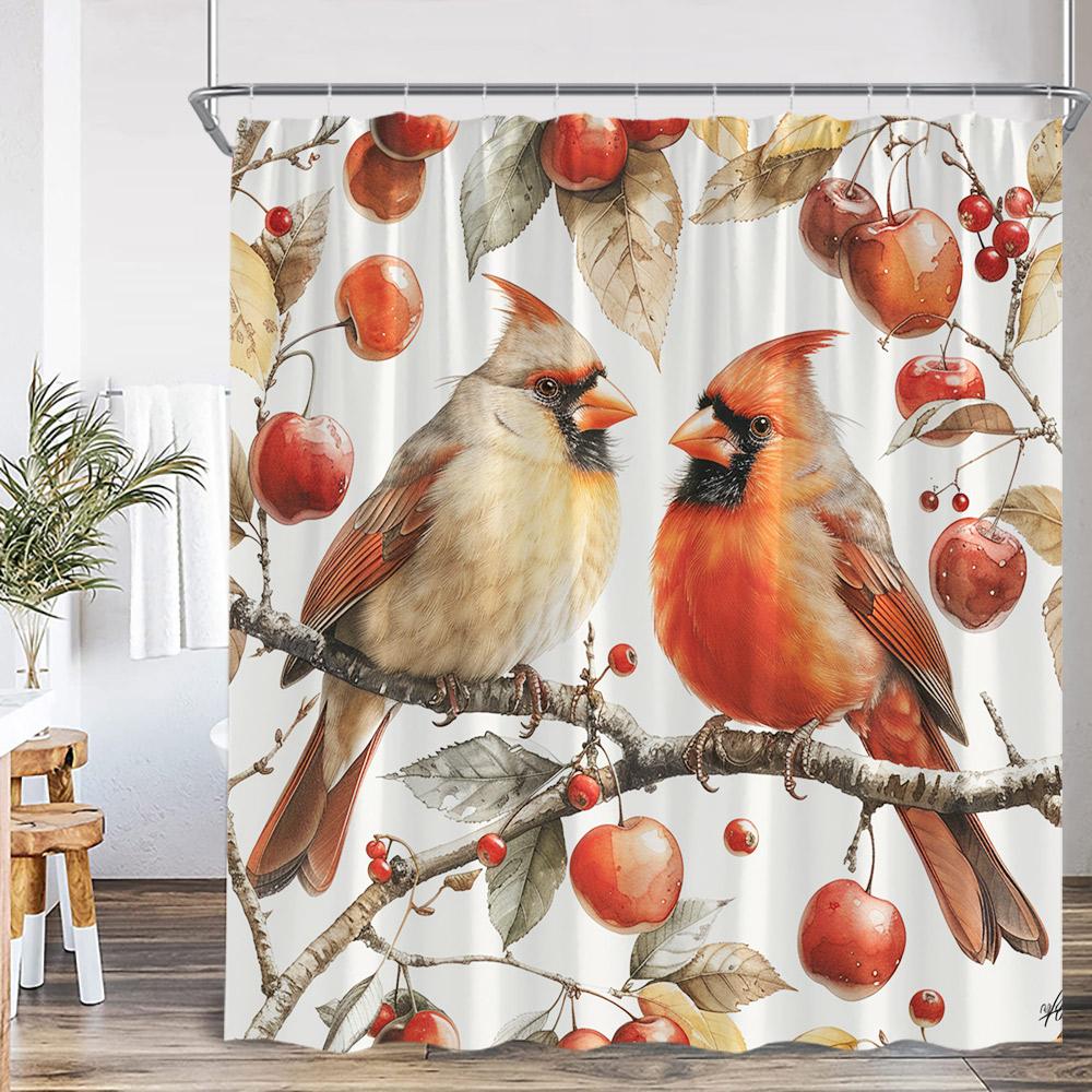 Red Birds Shower Curtain Pink Blossom Flower Branches Red Fruits Aimal Print Bathroom Decor Polyester Fabric Bathtub Curtain