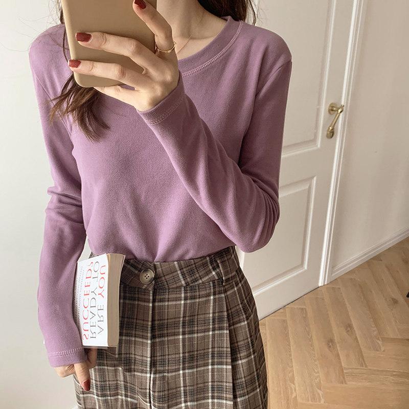 Camiseta Básica de Gola Redonda Feminina Primavera, Outono e Inverno Nova Top Casual Slim-fit com Lã Espessada de Manga Comprida