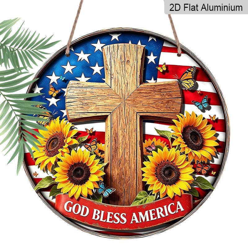 

Retro Round Aluminum Wall Decor, American Independence Day Cross & Sunflower Design, Indoor Outdoor Hanging Plaque, Christian Commemorative Gift 20*20cm
