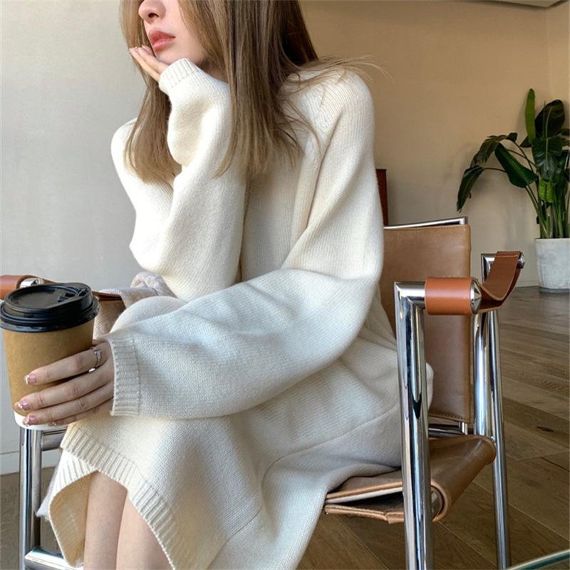 Autumn and winter new lazy wind sweater skirt loose fashion temperament V-neck knitted bottoming dress