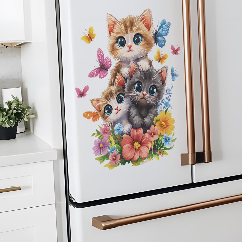 Cute Cat Floral Wall Sticker Self-Adhesive Removable for Bedroom Living Room Closet Dorm Home Decor Art