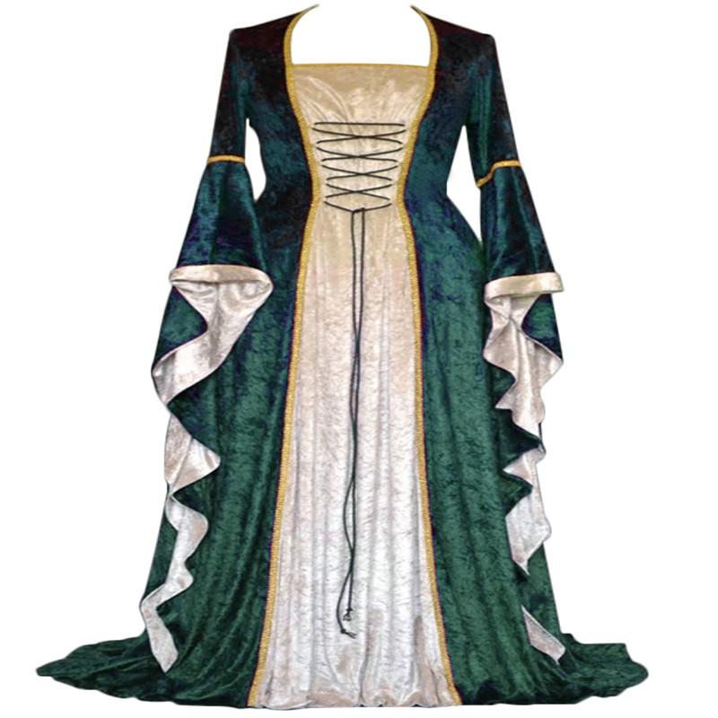 Abito Medievale Lungo Fino al Pavimento in Velluto Dorato Vintage con Lacci e Maniche Svasate da Donna