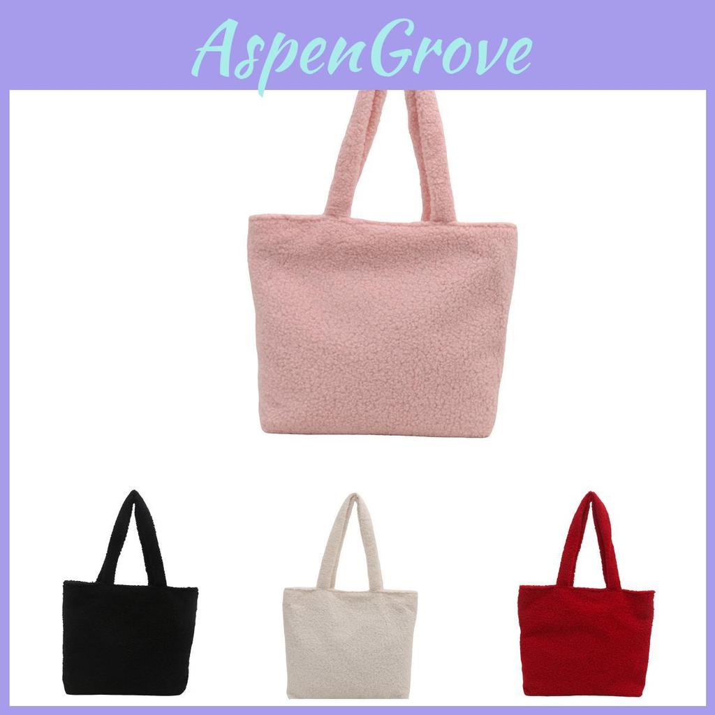 Korean Style Plush Tote Bag For Women Large Capacity Chic Shoulder Bag In Black White Red Pink Khaki