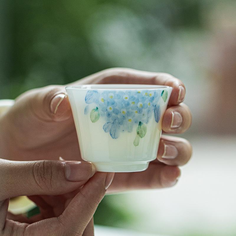 45ML  Jade Porcelain Tea Cup Hand Painted Hydrangea Underglaze High White Gongfu Tea Set Gift