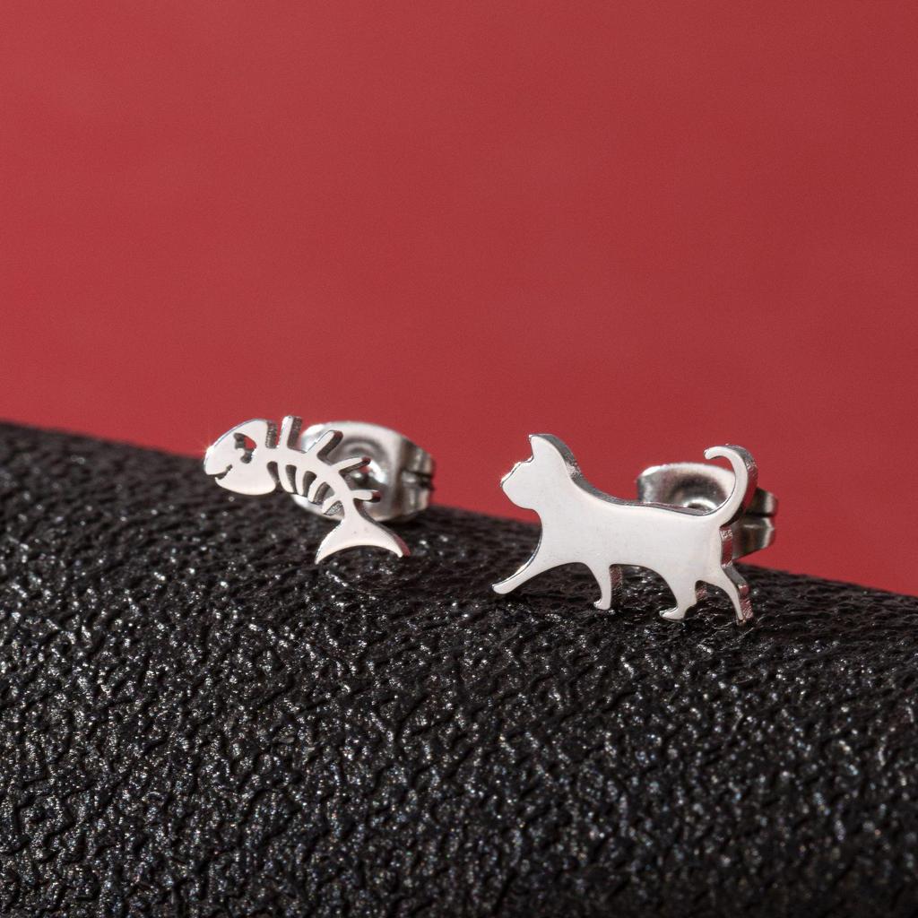 Japanese & Korean Style Asymmetrical Fish Bone Cat Earrings for Girls - Stainless Steel Niche Design