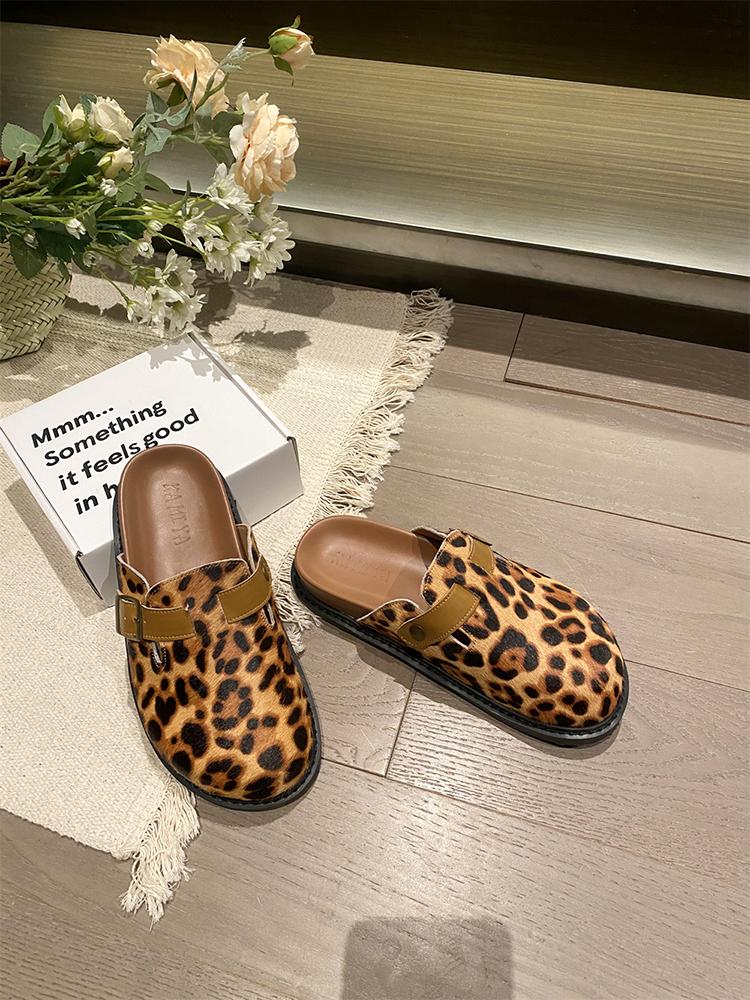 

Fashion Unique Toes Shape Half Slippers Belt Buckle Genuine Leather Horsehair Thick Bottom Flat Slides Summer Casual Outdoor 2025 New 35 коричневый
