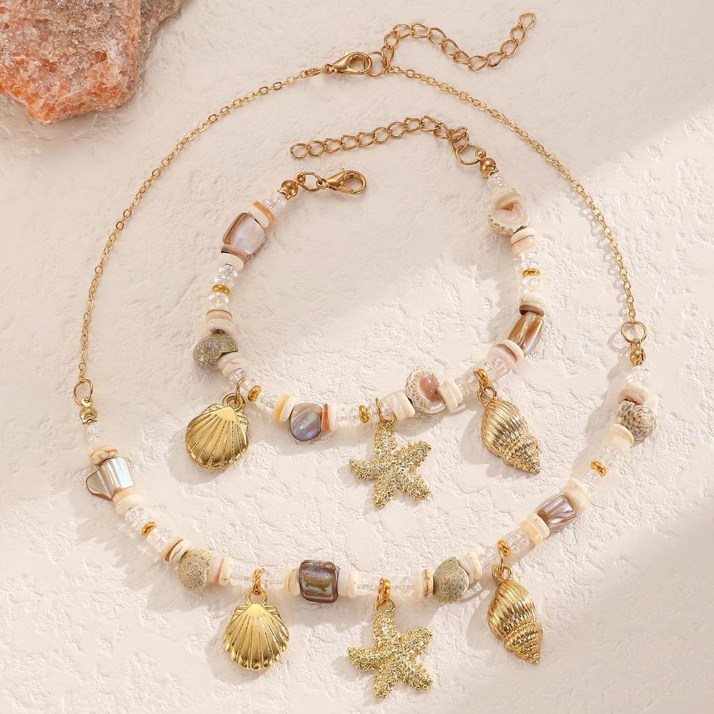 European & American Starfish Earring & Necklace Set: Fashionable Double-Layer Jewelry for Women - Perfect Summer Beach Accessory